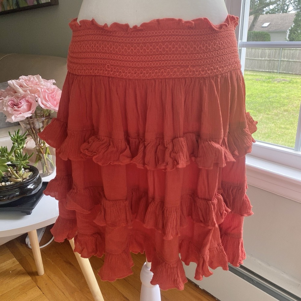 Tea 'N Lace Ruffle Skirt Orange Elastic Waist Flowy Tiered Boho Fairycore Size S - Picture 2 of 7